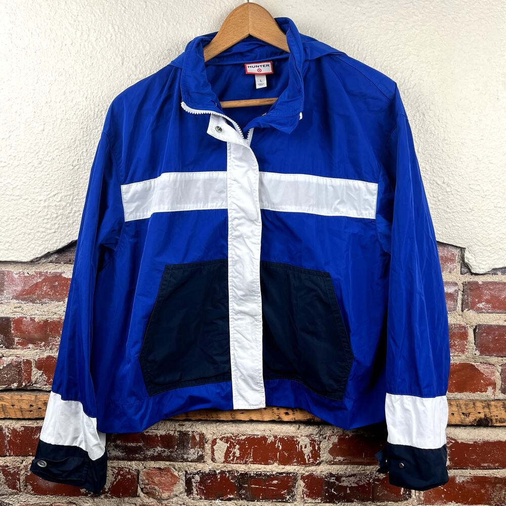 Hunter x Target Jacket Large Blue Zip Up Lightweight Retractable Hood Wind Rain